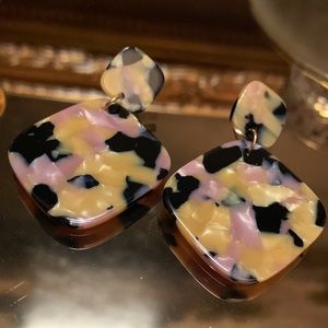 Pink, Black and Gold Double Square Marbled Acrylic Statement Earrings
